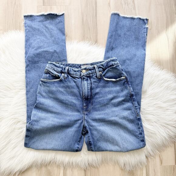 Good American Flare Jeans Indigo Distressed Knees and Ends Size 4/27 - Picture 1 of 3